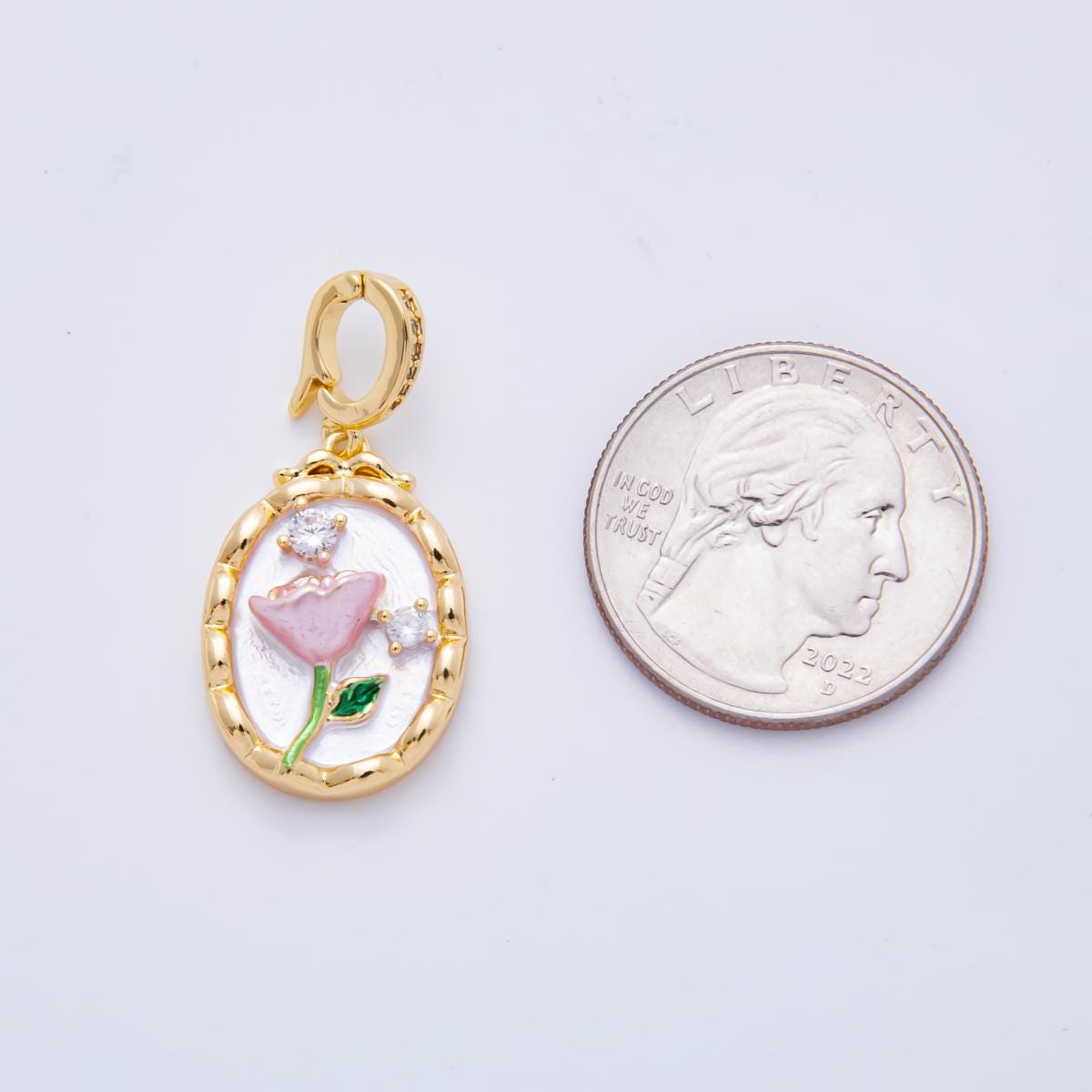 18K Gold Filled Pink Tulip Pendant Artsy Flower Enamel Charm with Clip Bail | AH-818