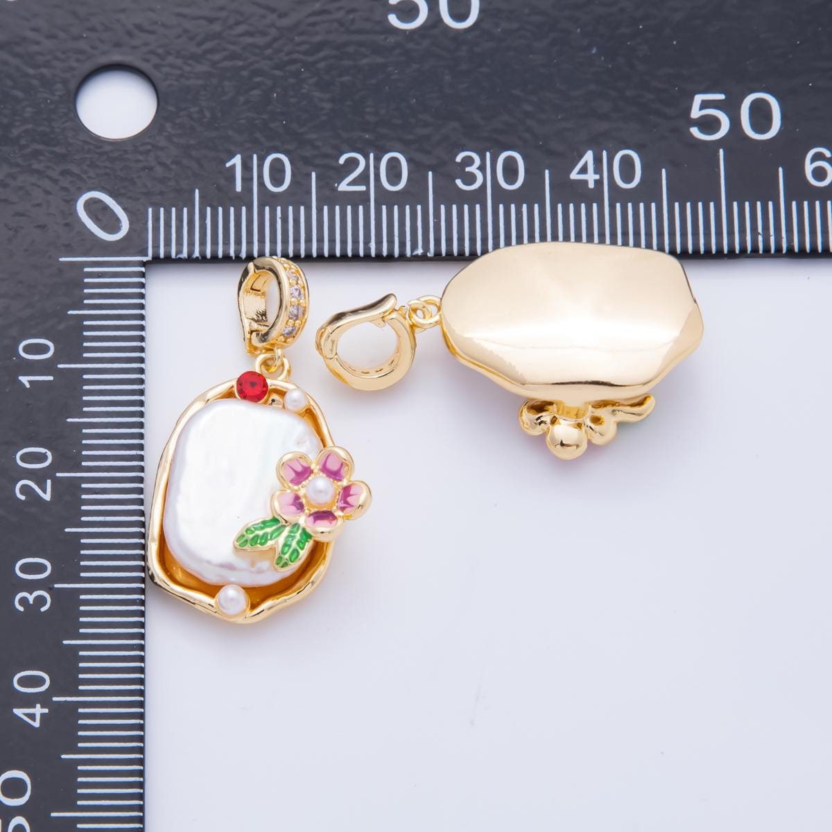 18K Gold Filled Pink Rose Pendant Artsy Flower Enamel Charm with Clip Bail | AH-817