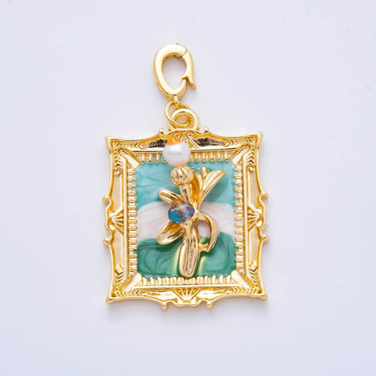 18K Gold Filled Pink Floral Pendant Artsy Painting Flower Enamel Charm with Clip Bail | Ah-814