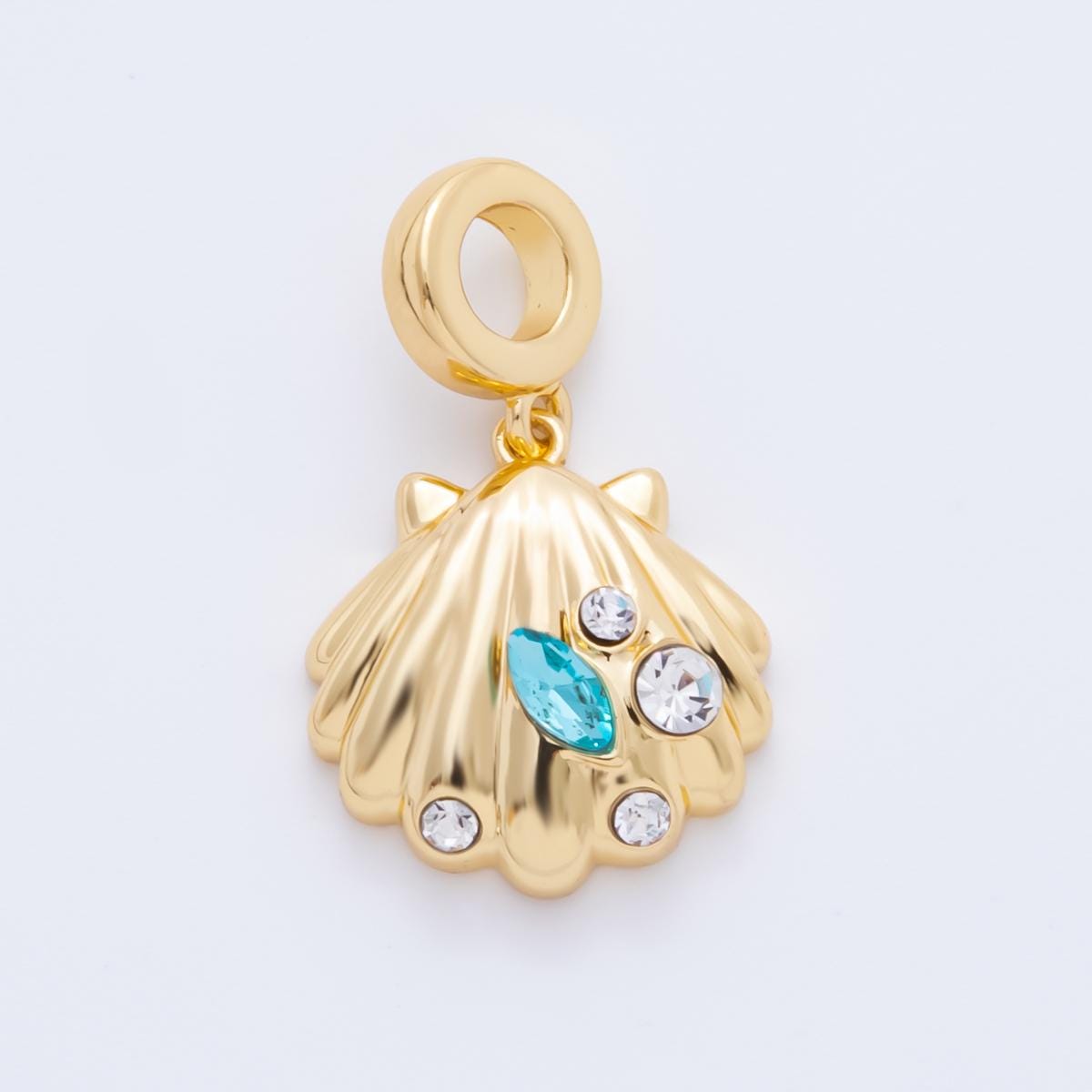 Rondelle 18k gold filled 16.6mm sea shell line-textured add-on charm with Aqua Blue CZ Stone | AH-909