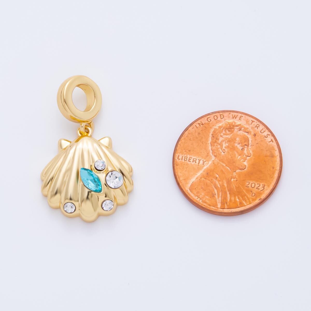 Rondelle 18k gold filled 16.6mm sea shell line-textured add-on charm with Aqua Blue CZ Stone | AH-909