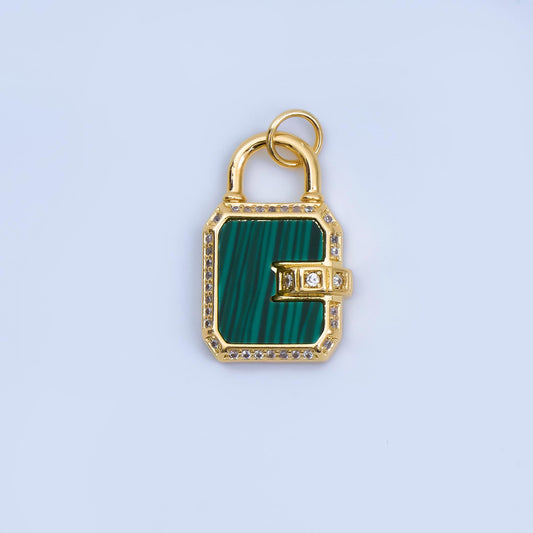 Mini combination padlock charm for back school gym locker gold fill over brass clear cz lock pendant jewelry Malachite Pearl Lock AJ-414
