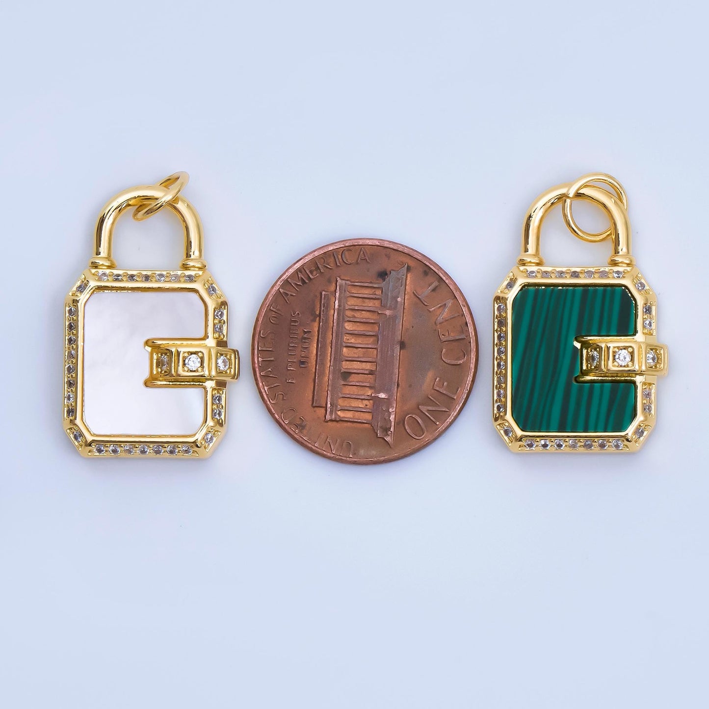 Mini combination padlock charm for back school gym locker gold fill over brass clear cz lock pendant jewelry Malachite Pearl Lock AJ-414