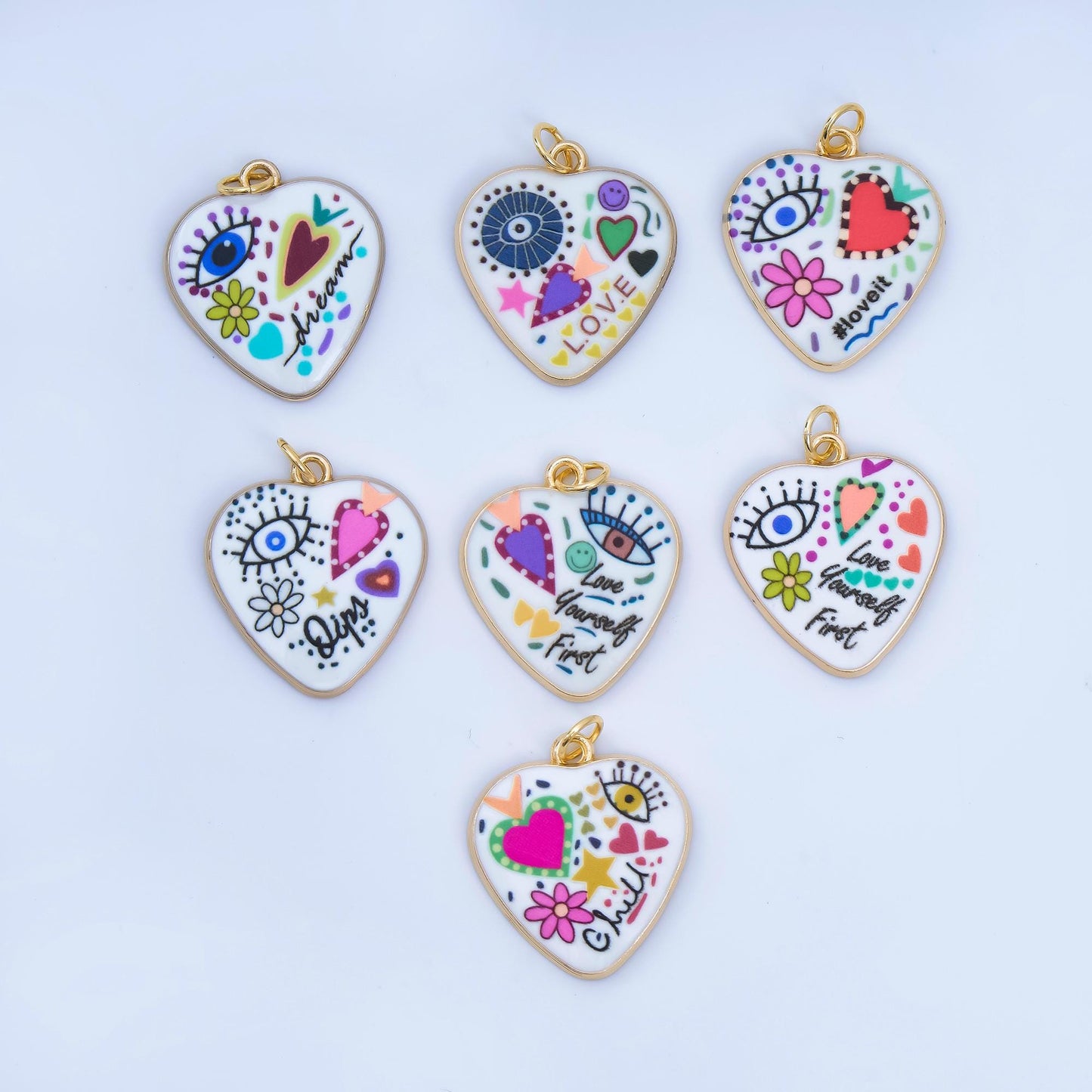 Positive Words Colorful Heart Enamel Charms 24K Gold Fill Love & Eye Pendants AJ-406