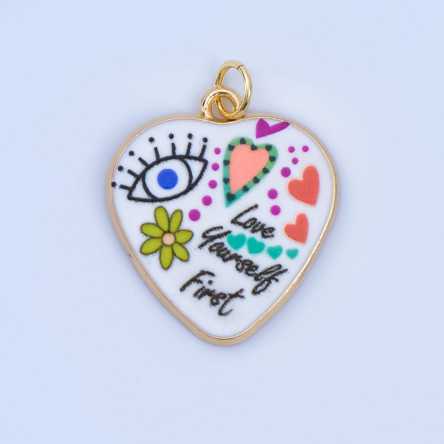 Positive Words Colorful Heart Enamel Charms 24K Gold Fill Love & Eye Pendants AJ-406