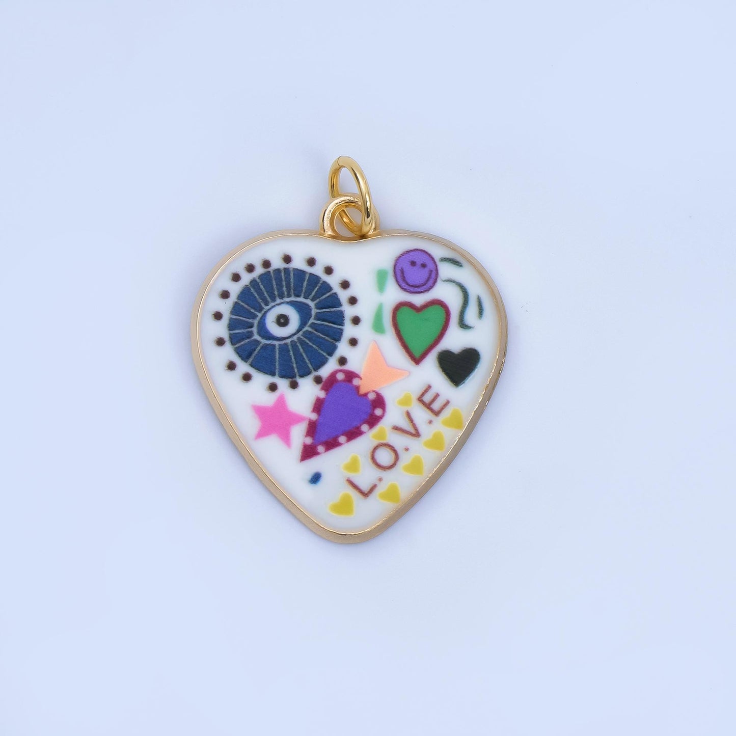 Positive Words Colorful Heart Enamel Charms 24K Gold Fill Love & Eye Pendants AJ-406