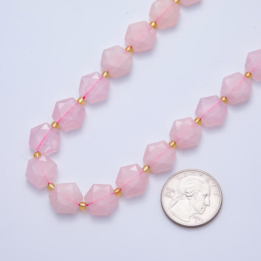 Pink Rose Quartz Faceted Beads 12 x 14 mm Gemstone by Strand Finding Hexagon Wholesale Beads for Necklace Bracelet Supply | WA-3613