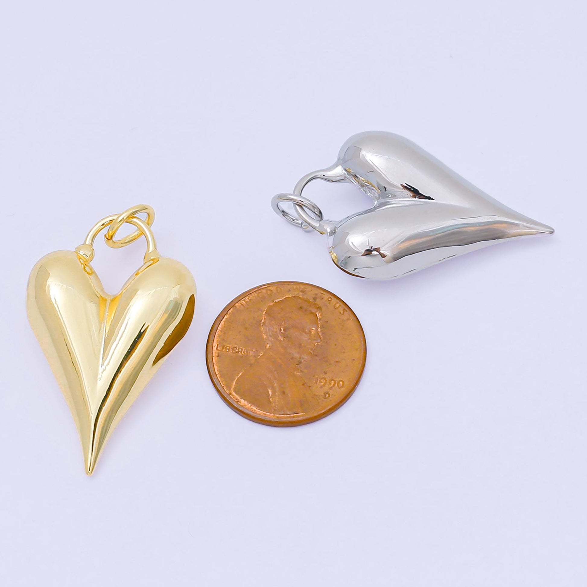 Gold & Silver Puffy Heart Hoop Earrings Charm, Long Cord Necklace Charm Modern Statement Jewelry Pendant AC-1583