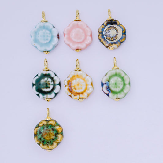 Bright Colorful 24K Gold Filled Flower Ceramic Drop Pendant Charm Vintage Porcelain Charm | AH-651