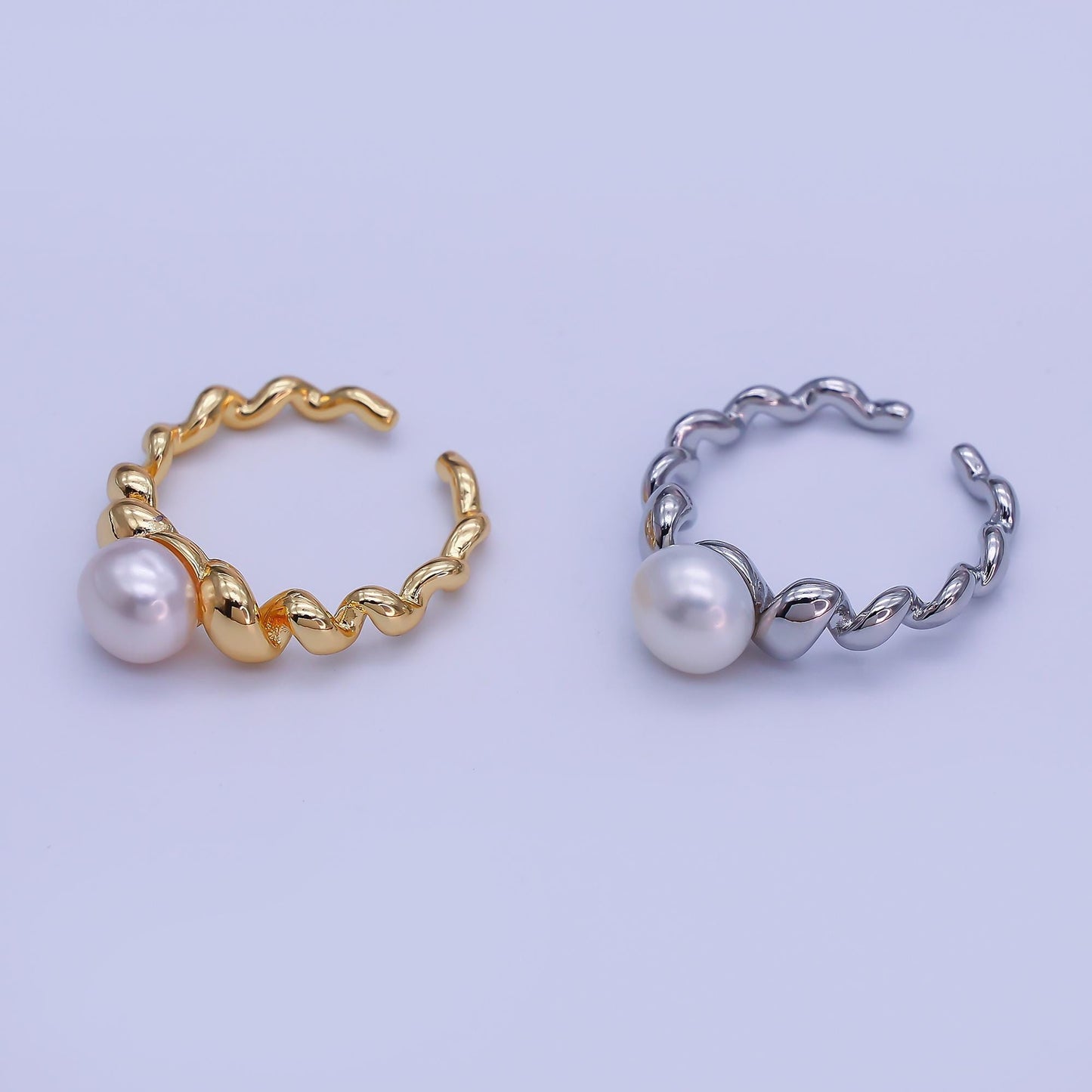 18K Gold Filled Shell Pearl Braided Twist Adjustable Ring in Gold & Silver | O-1478 O-1479