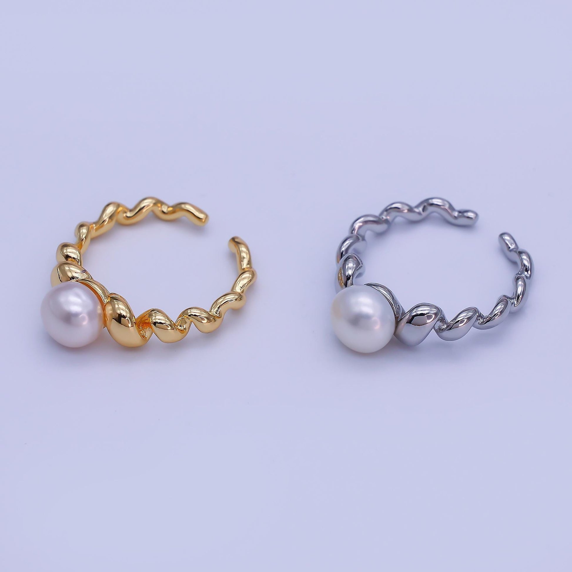 18K Gold Filled Shell Pearl Braided Twist Adjustable Ring in Gold & Silver | O-1478 O-1479