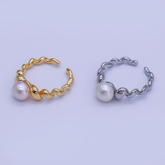 18K Gold Filled Shell Pearl Braided Twist Adjustable Ring in Gold & Silver | O-1478 O-1479