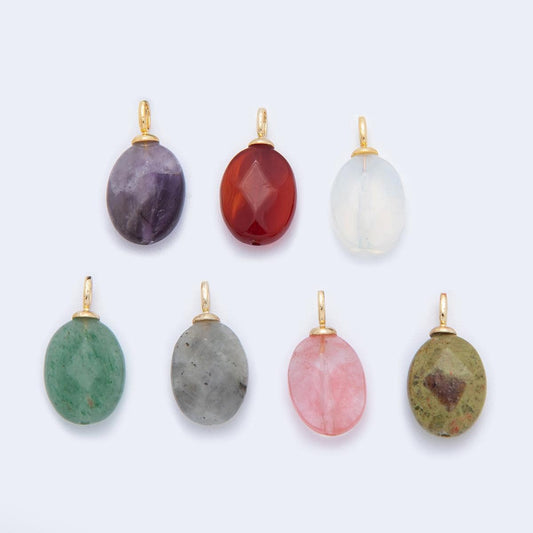 Natural Gemstone Faceted Oval Charms 18k Gold Filled Mixed Stone Gold Bail Charm for DIY Necklaces Jewelry Making AF-98