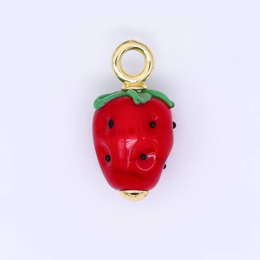 24K Gold Filled 27mm Glass Art Crimson Red Strawberry Fruit Charm | AH-625