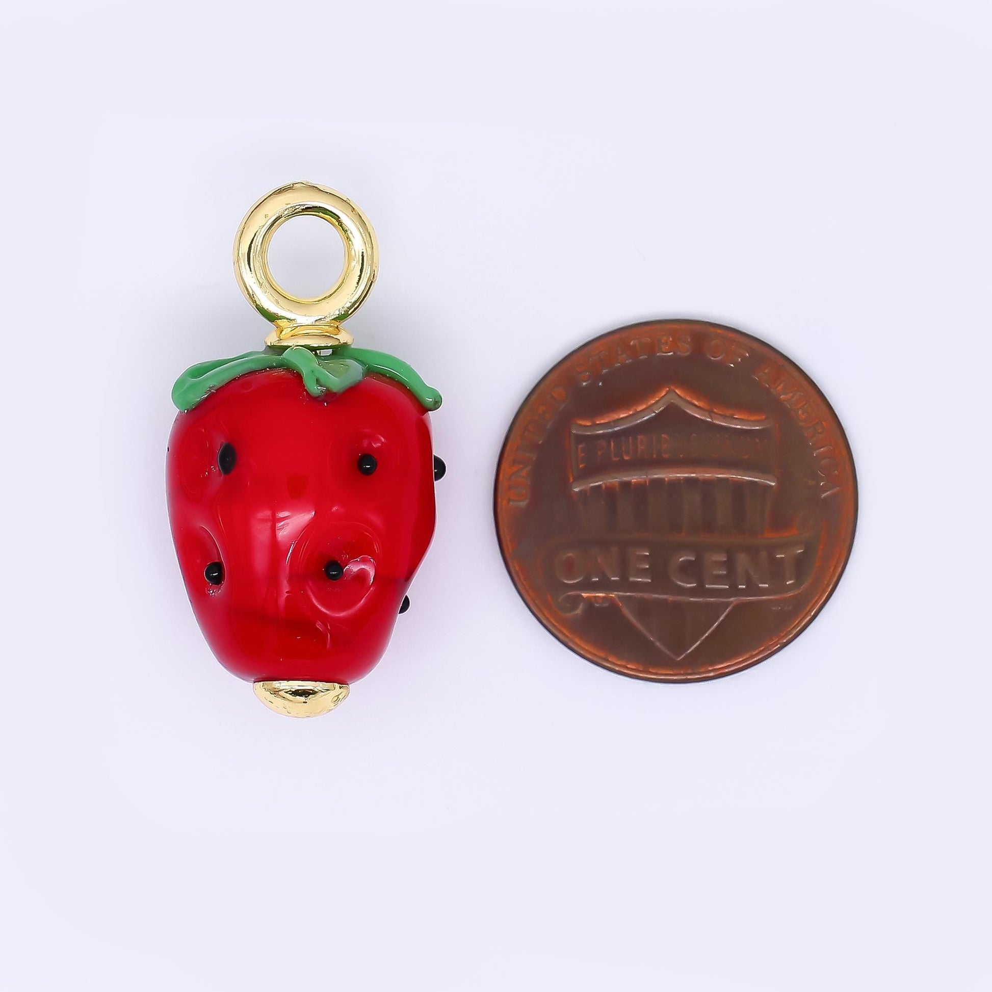 24K Gold Filled 27mm Glass Art Crimson Red Strawberry Fruit Charm | AH-625