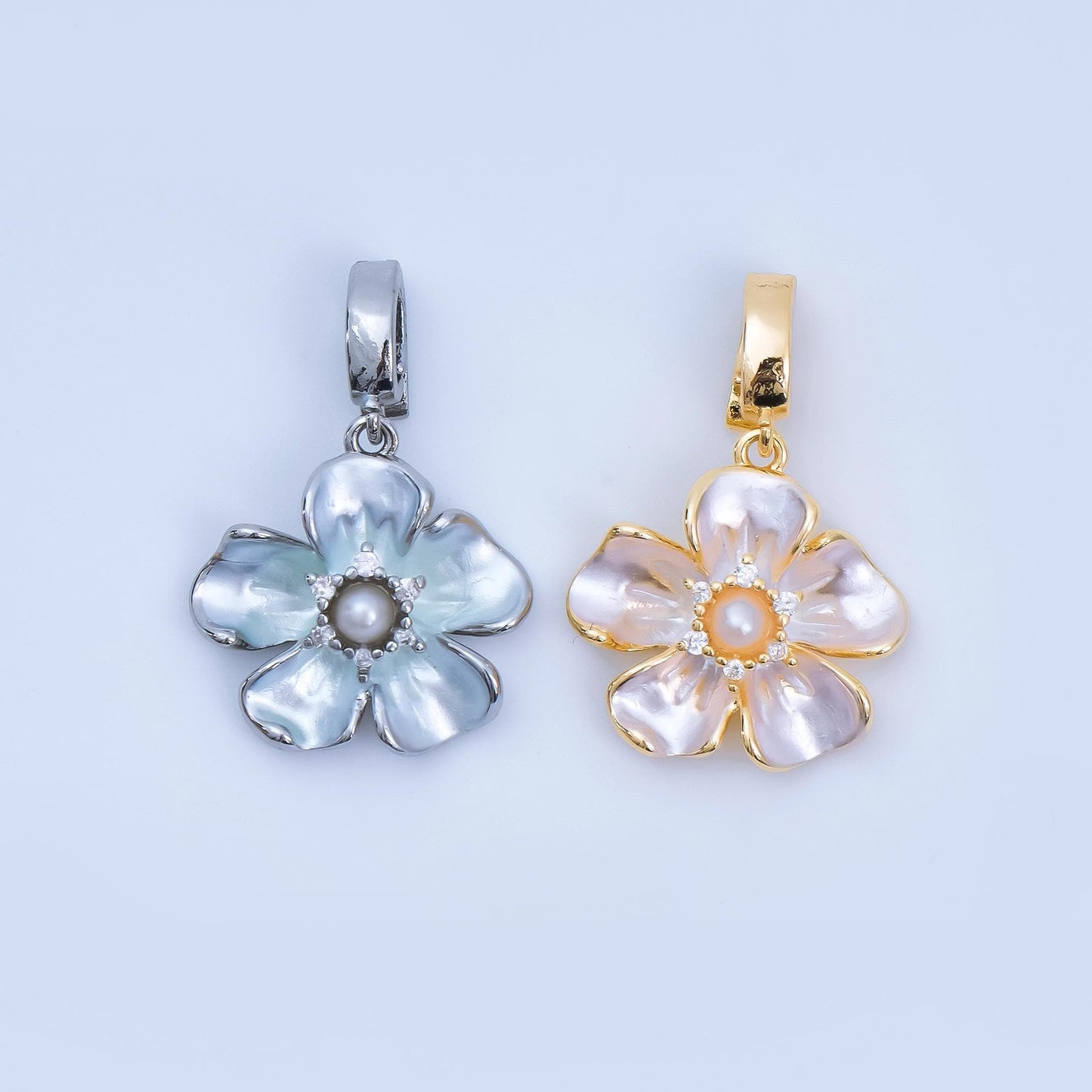 24K Gold Filled 16mm Micro Paved CZ Shell Pearl Flourish Blossom Flower Charm in Gold & Silver| AA-1589