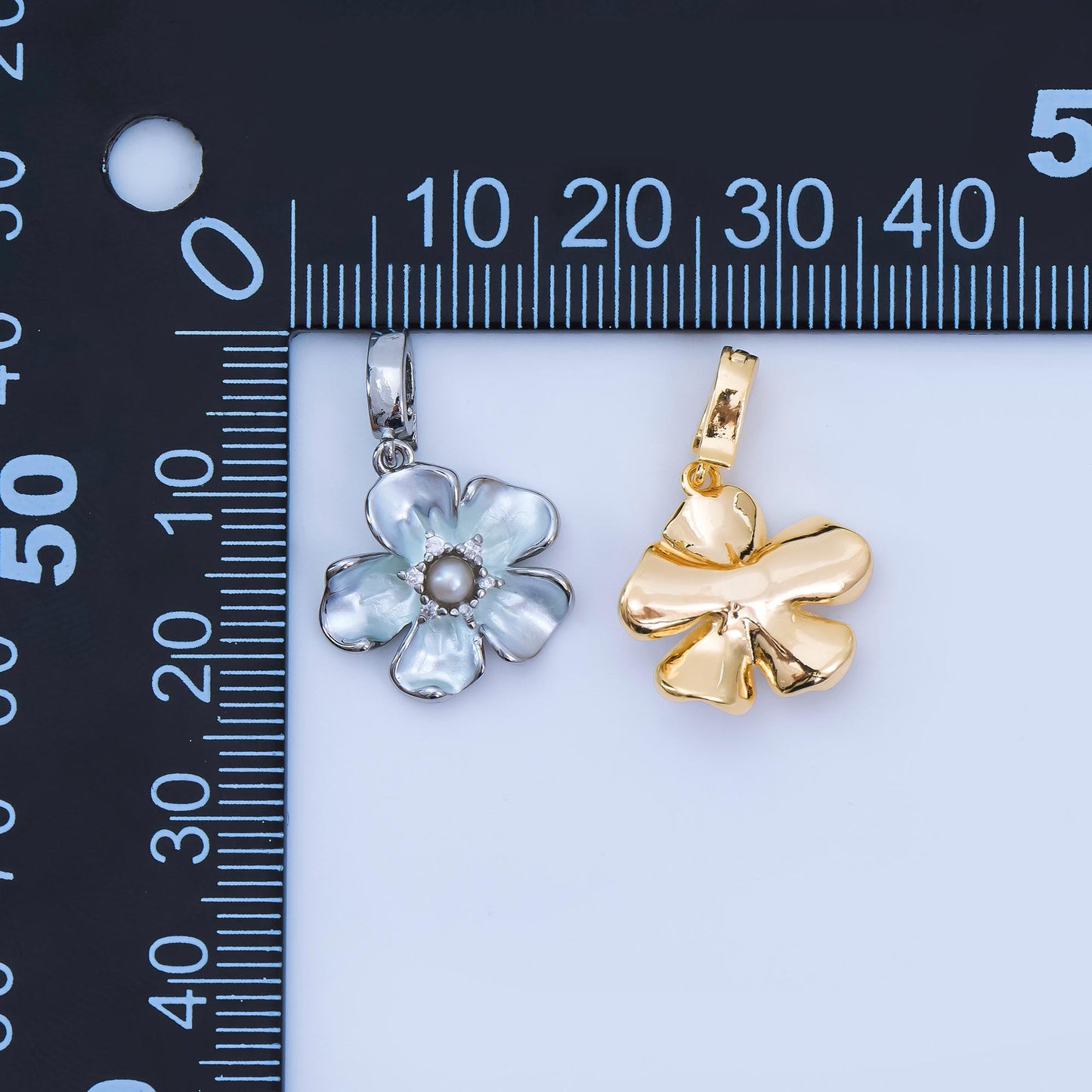 24K Gold Filled 16mm Micro Paved CZ Shell Pearl Flourish Blossom Flower Charm in Gold & Silver| AA-1589
