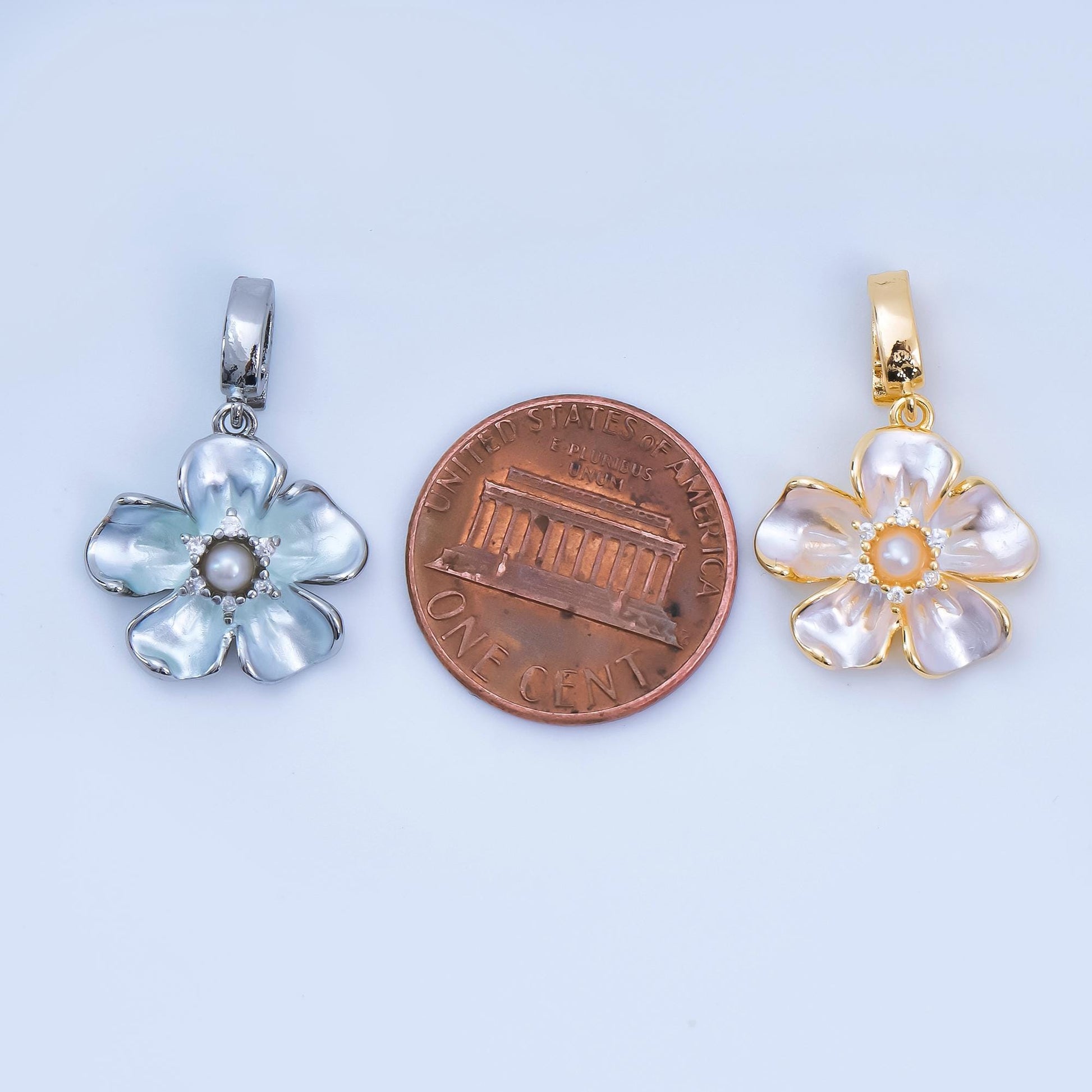 24K Gold Filled 16mm Micro Paved CZ Shell Pearl Flourish Blossom Flower Charm in Gold & Silver| AA-1589