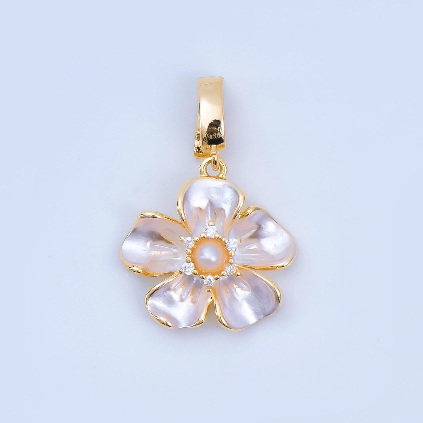 24K Gold Filled 16mm Micro Paved CZ Shell Pearl Flourish Blossom Flower Charm in Gold & Silver| AA-1589