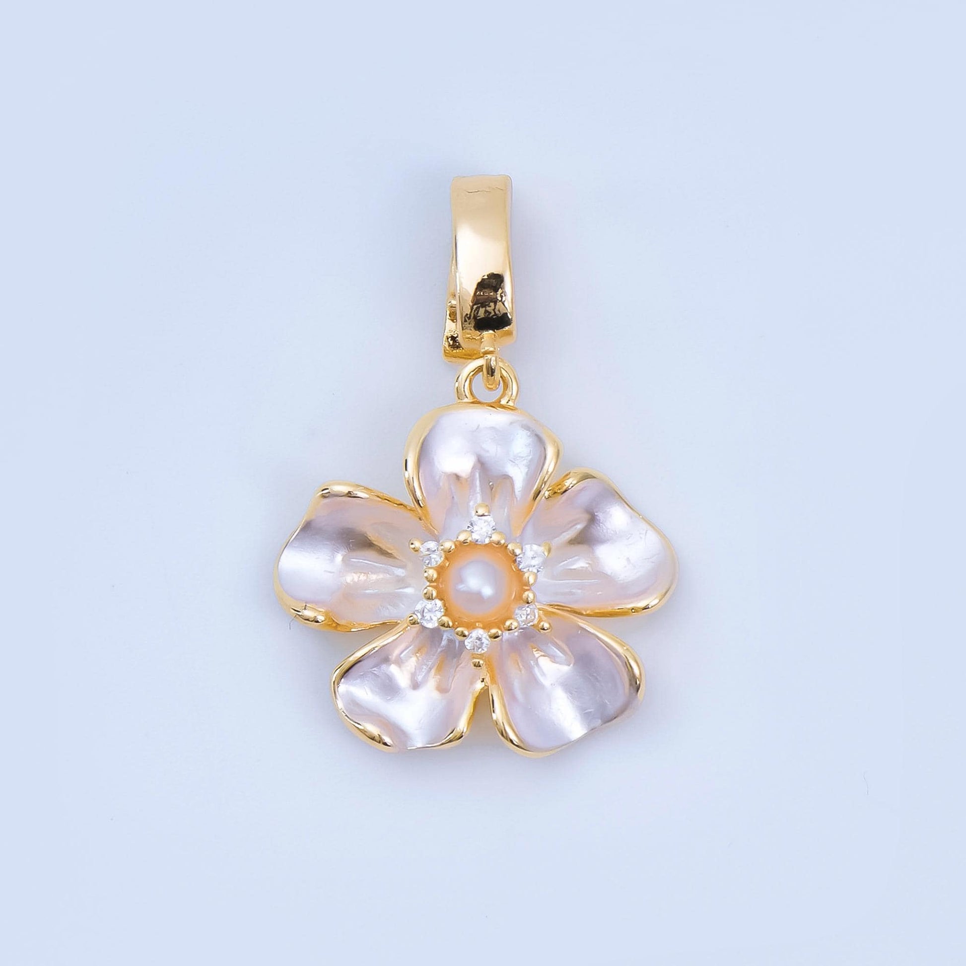 24K Gold Filled 16mm Micro Paved CZ Shell Pearl Flourish Blossom Flower Charm in Gold & Silver| AA-1589