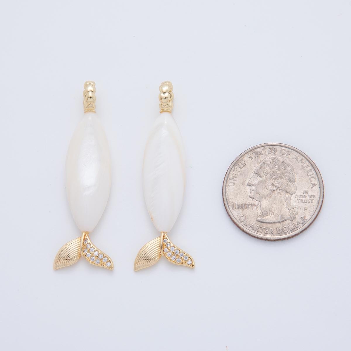 Handmade 18K Gold Filled White Shell Pearl Fish Charm Drop Dangle Pendant | AF-619