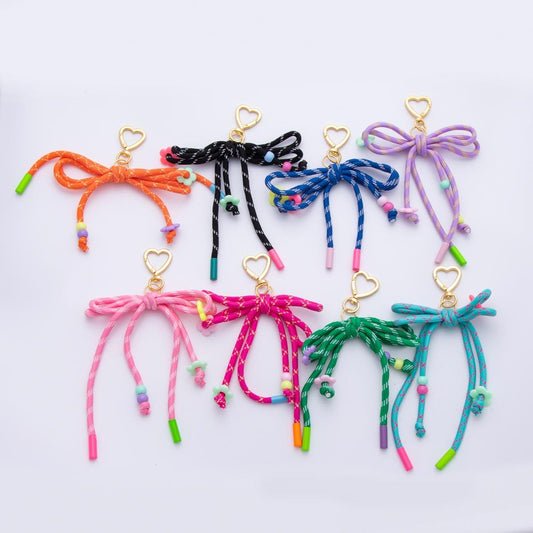Fun Colorful Handcrafted Cord Bow Keychain in Rainbow Shaped for Backpack Purse Back to School Charm WA-3392