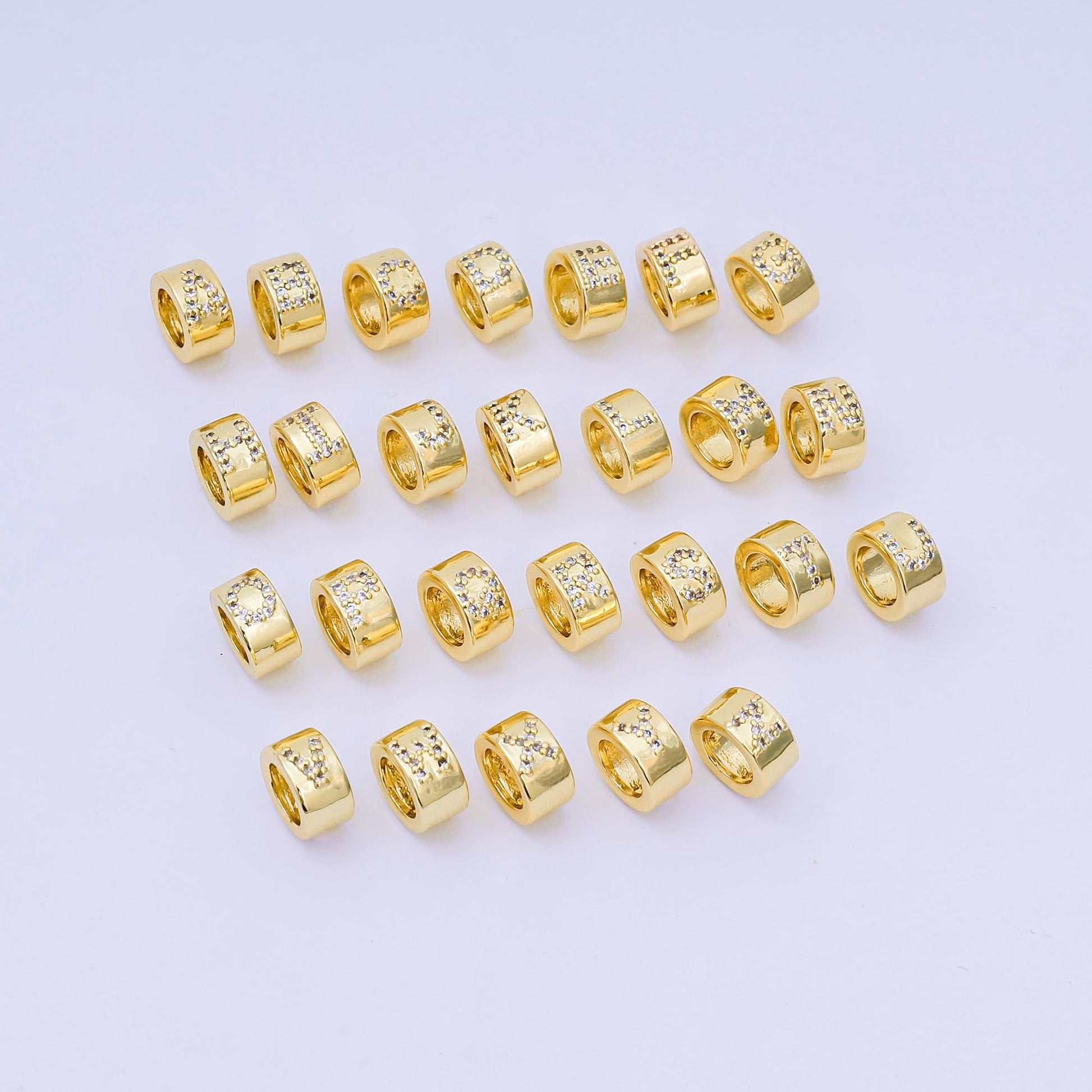 Gold initial letter Round Bead Spacer 9mm Rondelle alphabet Charm with CZ minimalistic initial letter beads link connector | AF-053