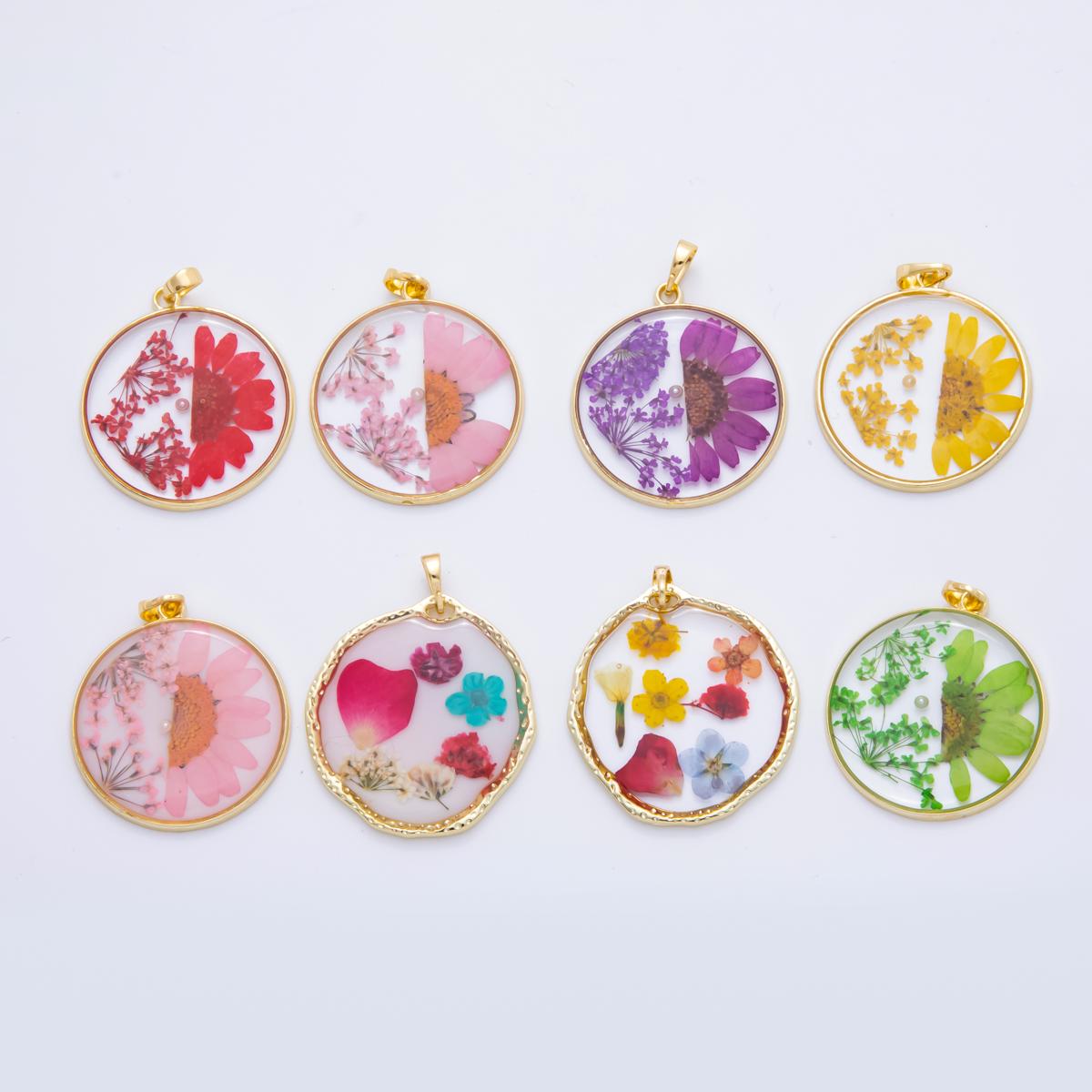 18K Gold Filled 39.5mm Resin Dried Flower Pendant | AH787 - AH792