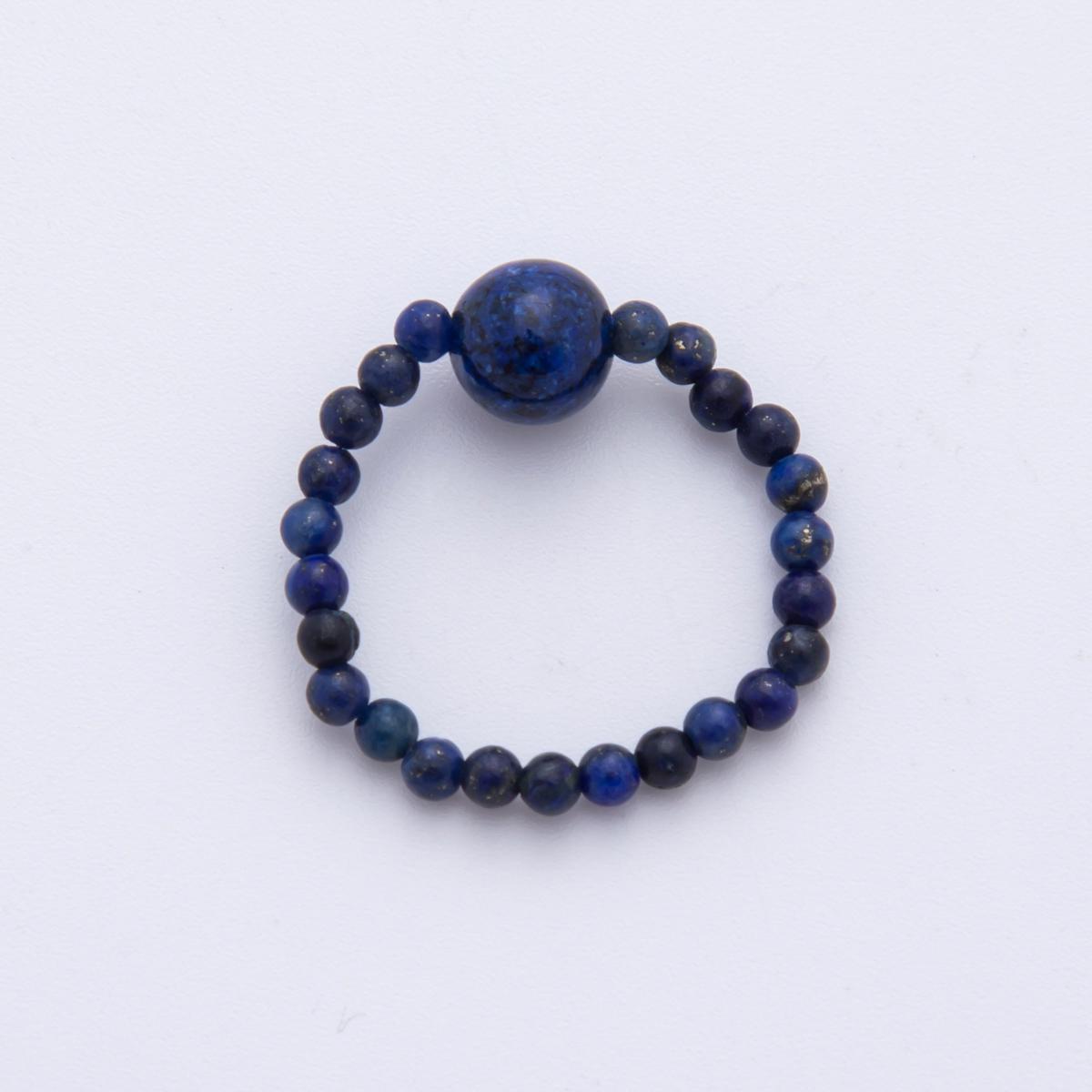 Handmade Tiny 3-4mm Round Blue Lapiz Lazuli Ring Beaded Ring, Minimalist Adjustable Stackable Ring September Birthstone O-2112