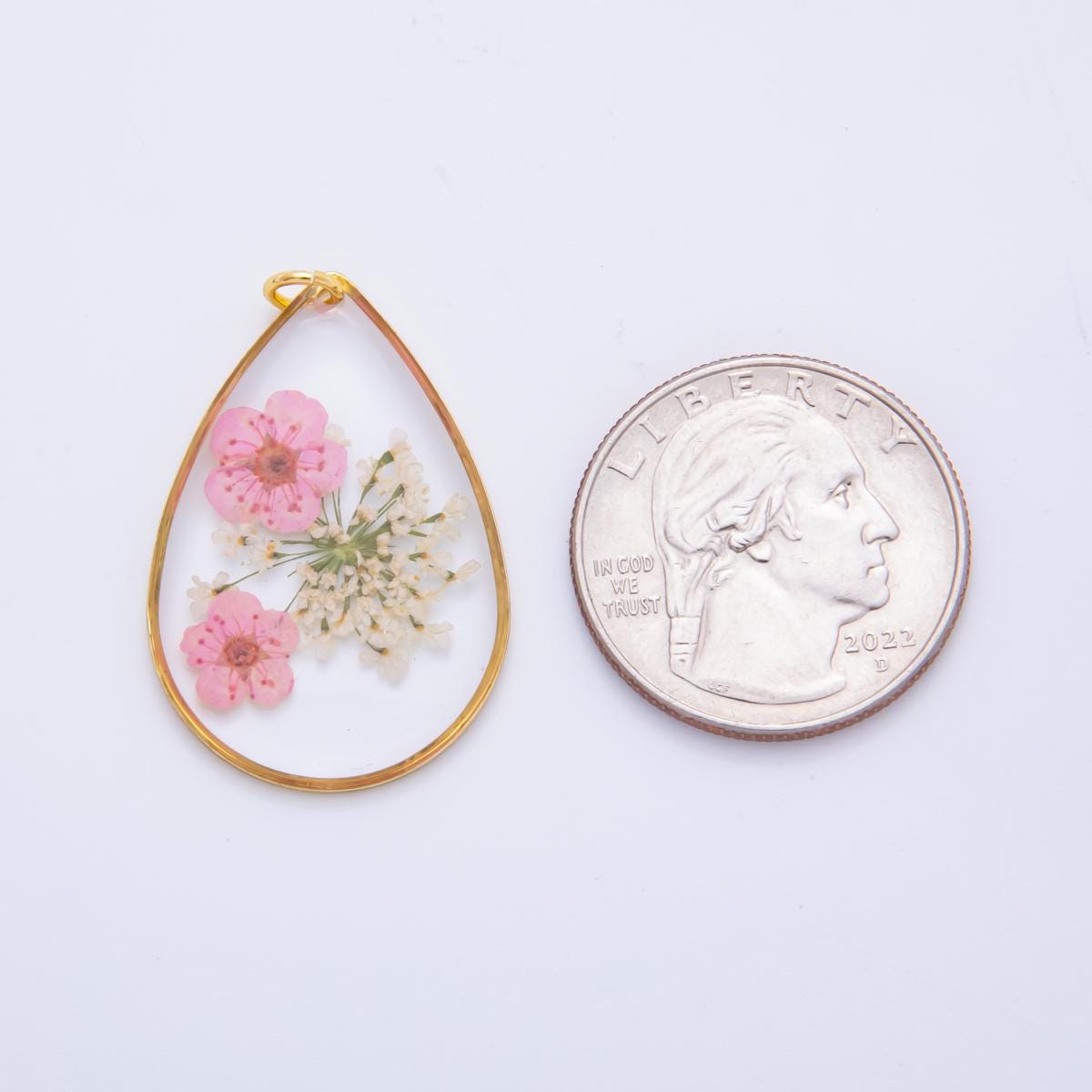 18K Gold Filled 35mm Resin Baby Pink Teardrop Sakura Flower Pendant | AH845