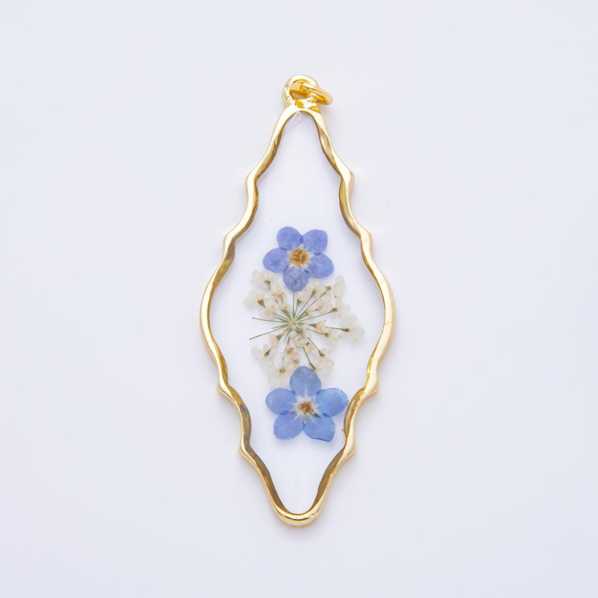 18K Gold Filled 54mm Resin Wavy Diamond-cut Blue Flowers Charm | AH849