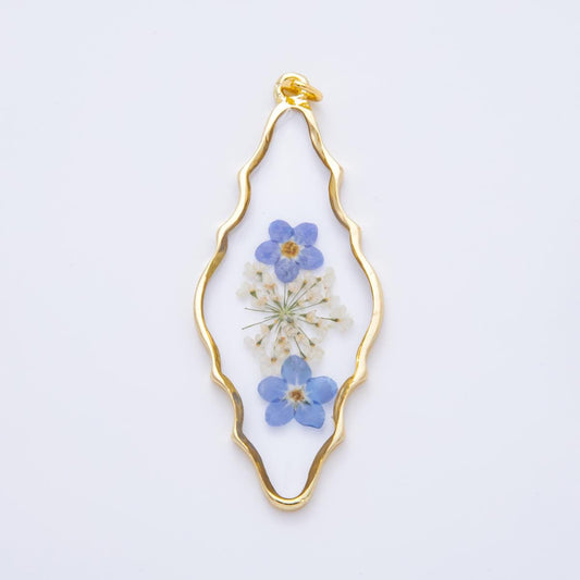 18K Gold Filled 54mm Resin Wavy Diamond-cut Blue Flowers Charm | AH849