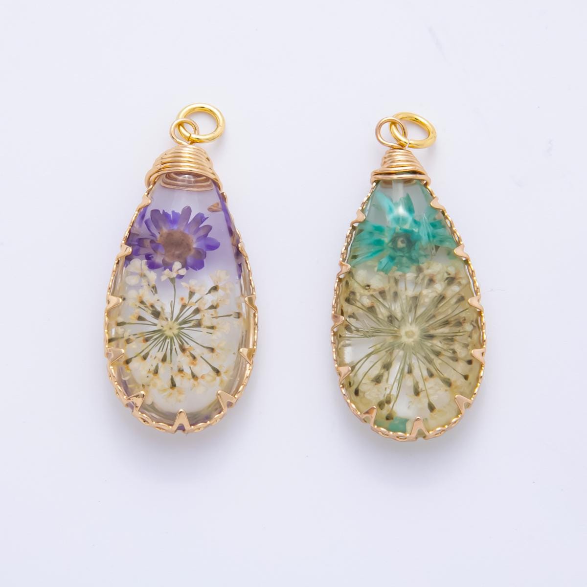 18K Gold Filled 37mm Resin Forest Teardrop Flower Charm | AH853