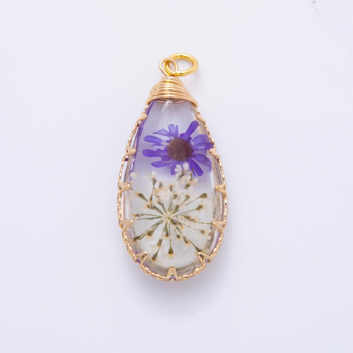 18K Gold Filled 37mm Resin Forest Teardrop Flower Charm | AH853