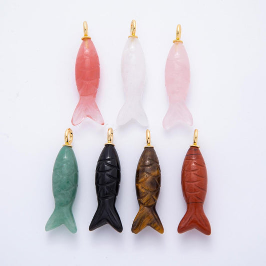 Dainty Gemstone Fish Pendant Natural Stone Sardine Fish Charm for Necklace Bracelet Jewelry Making Supply 18k Gold Filled Charm C-919