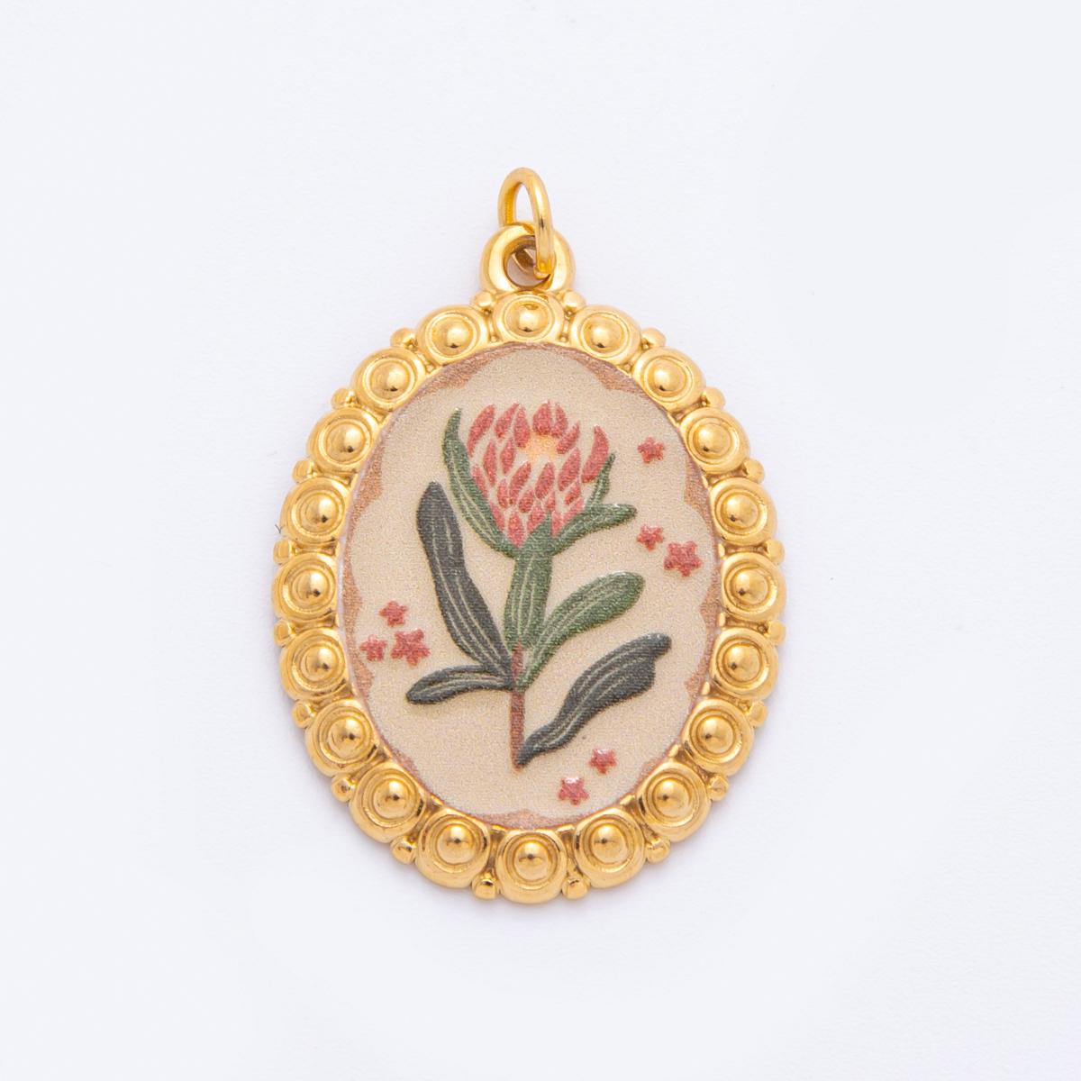Hand-Painted Enamel Flower CHARMS for necklace Bracelet Artsy Painting Floral Oval PVD Gold Stainless Steel Tarnish Free Charm J-011