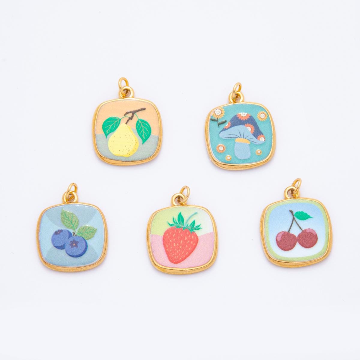 Hand-Painted Enamel Fruits Charm for necklace Bracelet Artsy Painting Mushroom Pendant PVD Gold Stainless Steel Tarnish Free Charm J-073