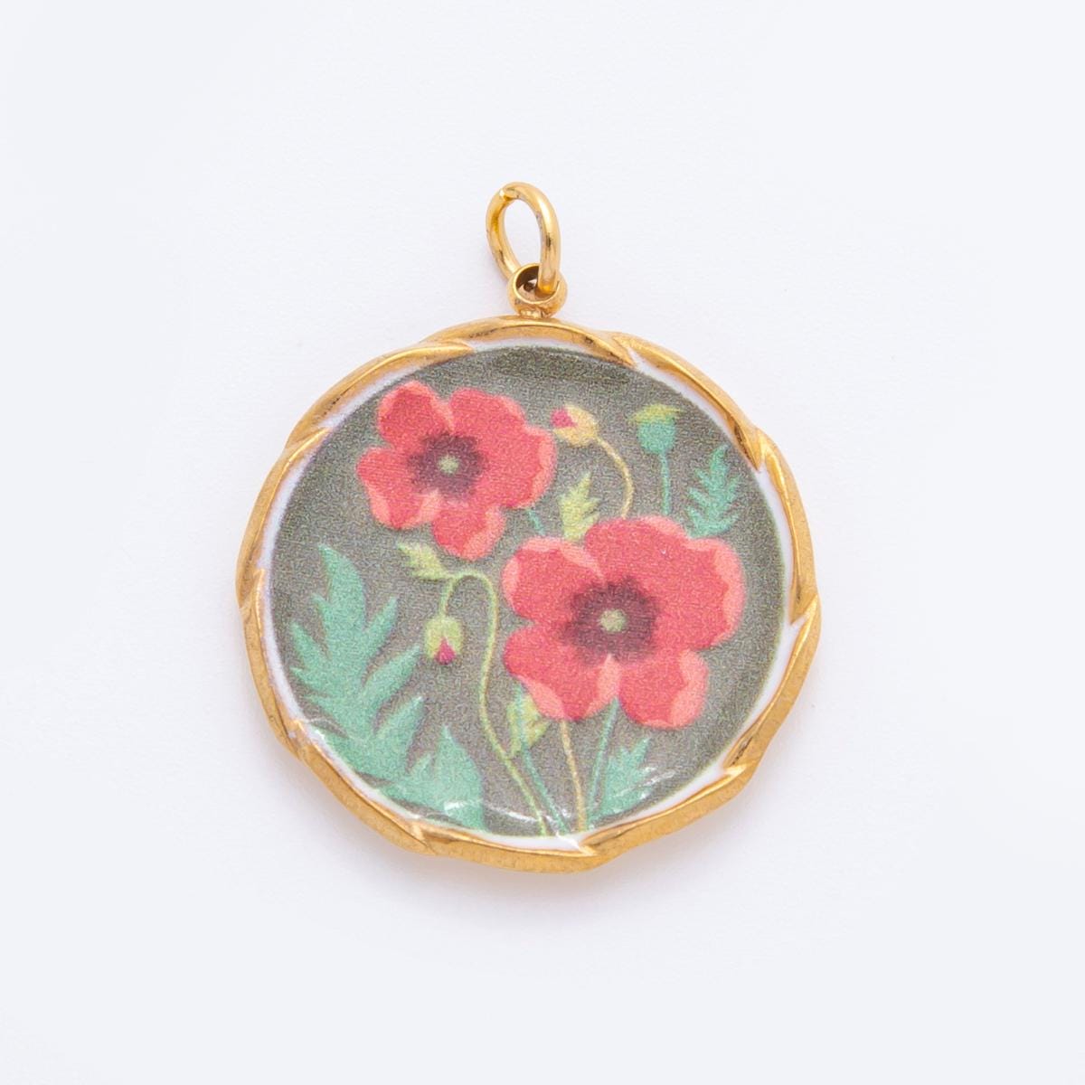 Brown Shabby Chic Inspired Charm Necklace Flower Round Pendant in PVD Gold Stainless Steel J-337