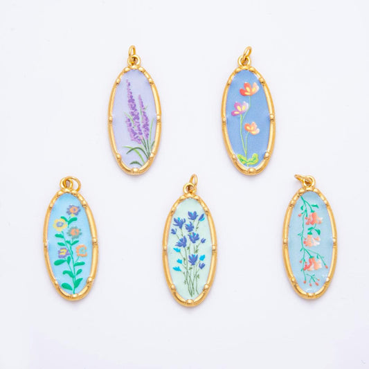 Gold Oval Flower Charms – Hand-Painted Shabby Chic Hand Painted Pendants, Colorful Enamel Wildflower Jewelry PVD Gold Stainless Steel J-419