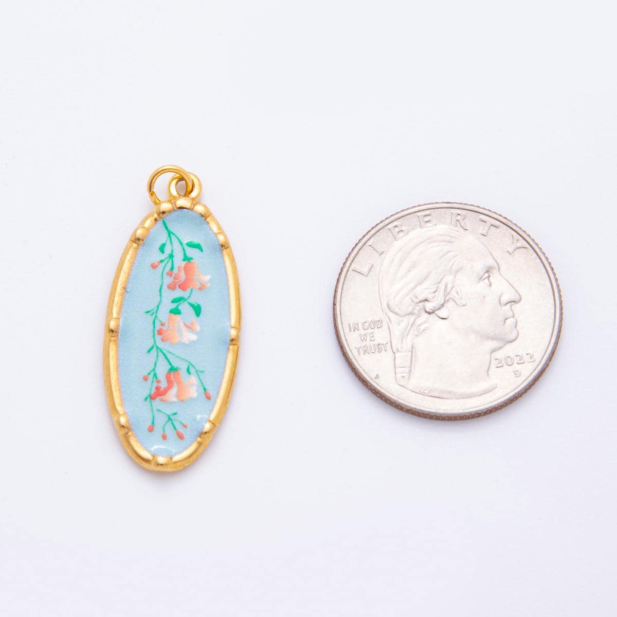 Gold Oval Flower Charms – Hand-Painted Shabby Chic Hand Painted Pendants, Colorful Enamel Wildflower Jewelry PVD Gold Stainless Steel J-419
