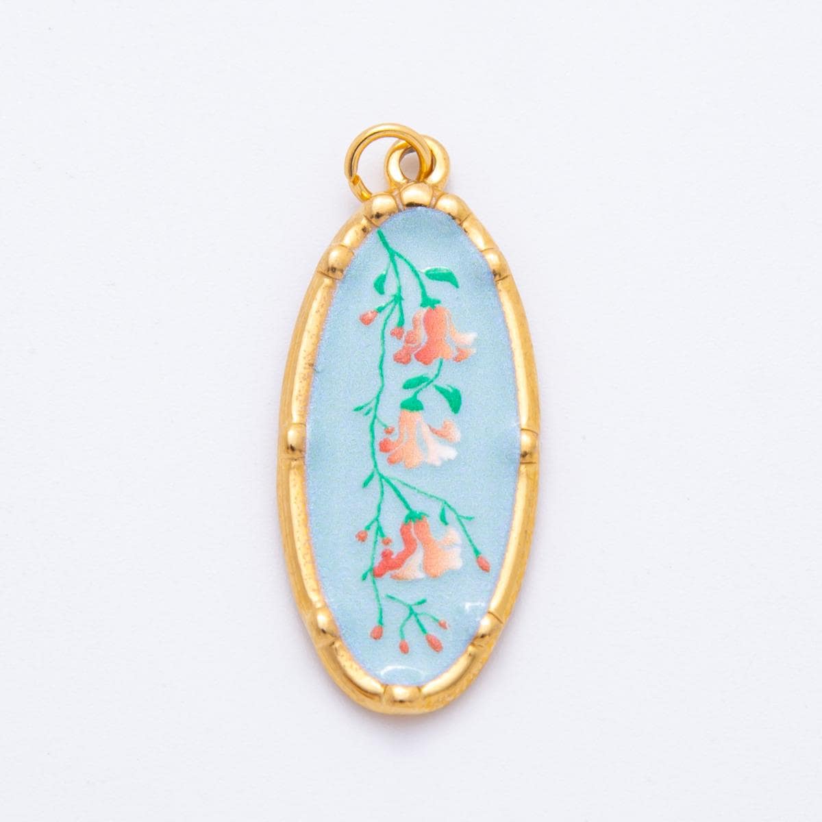 Gold Oval Flower Charms – Hand-Painted Shabby Chic Hand Painted Pendants, Colorful Enamel Wildflower Jewelry PVD Gold Stainless Steel J-419
