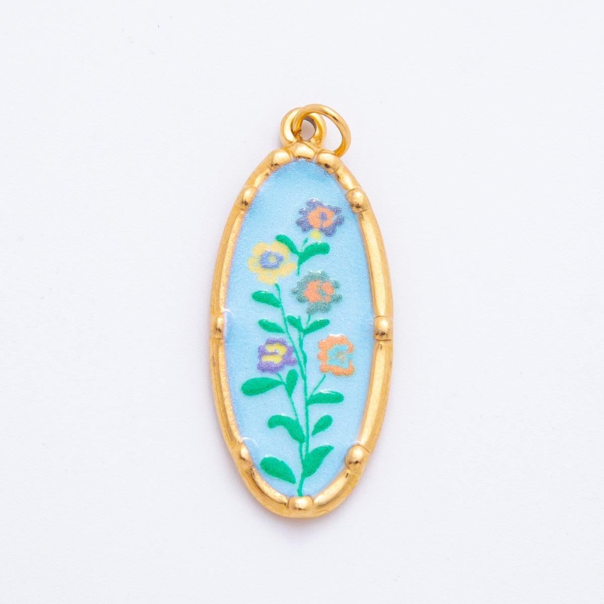 Gold Oval Flower Charms – Hand-Painted Shabby Chic Hand Painted Pendants, Colorful Enamel Wildflower Jewelry PVD Gold Stainless Steel J-419