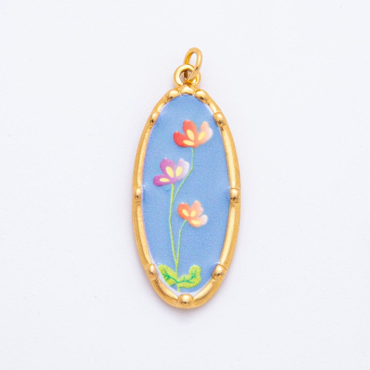 Gold Oval Flower Charms – Hand-Painted Shabby Chic Hand Painted Pendants, Colorful Enamel Wildflower Jewelry PVD Gold Stainless Steel J-419