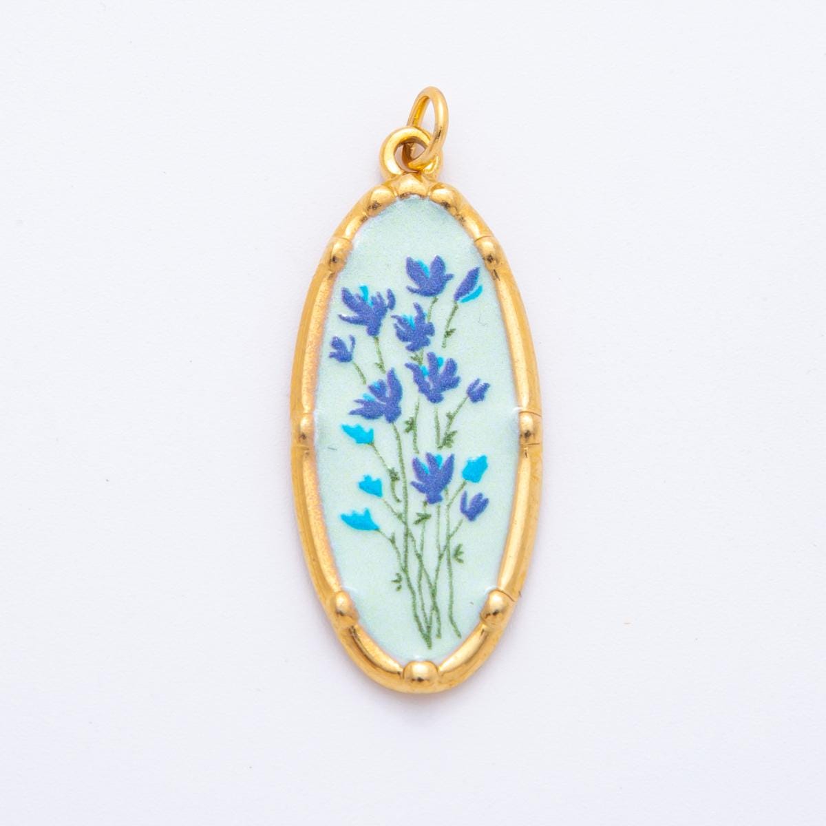 Gold Oval Flower Charms – Hand-Painted Shabby Chic Hand Painted Pendants, Colorful Enamel Wildflower Jewelry PVD Gold Stainless Steel J-419