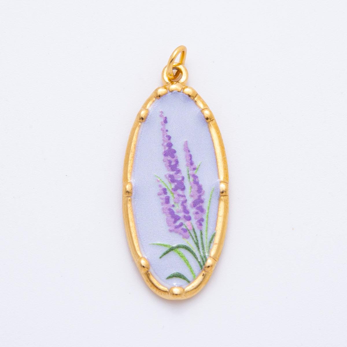 Gold Oval Flower Charms – Hand-Painted Shabby Chic Hand Painted Pendants, Colorful Enamel Wildflower Jewelry PVD Gold Stainless Steel J-419