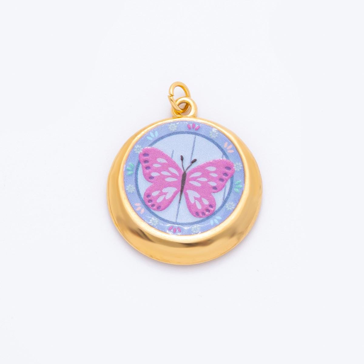 PVD Gold Round Charms Sun Face, Butterfly Flower Pendants Colorful Enamel Jewelry for Necklaces, Bracelet Supply
