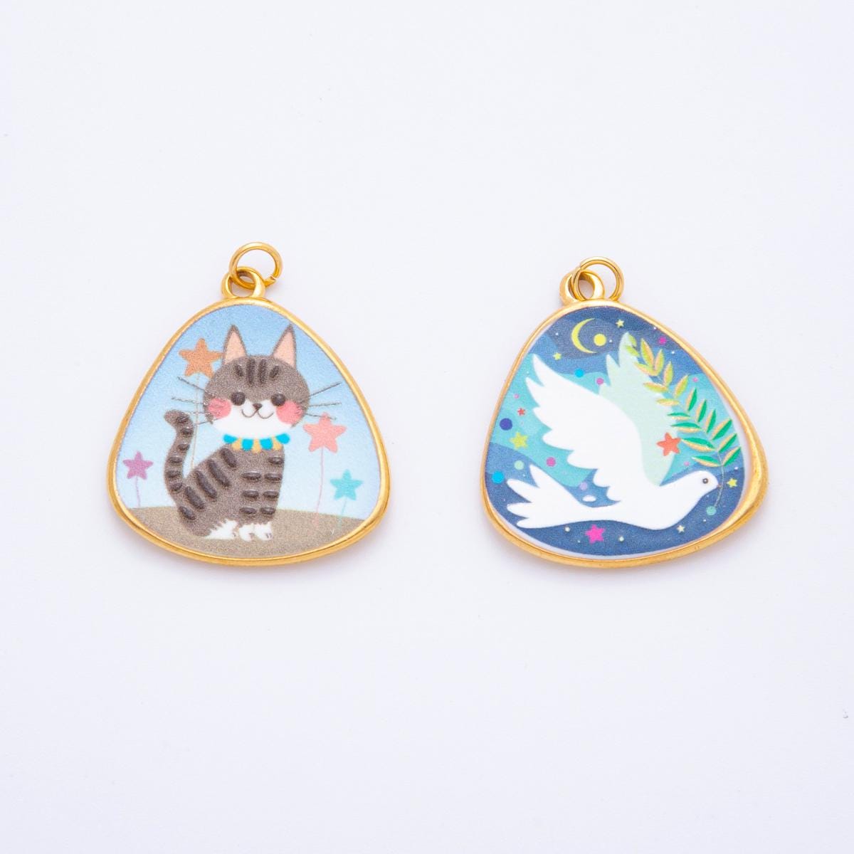 Mini Pastel Blue enamel Animal Painting Italian Amalfi Coast Inspired Jewelry Dove PVD Gold Plated Stainless STeel | j-447