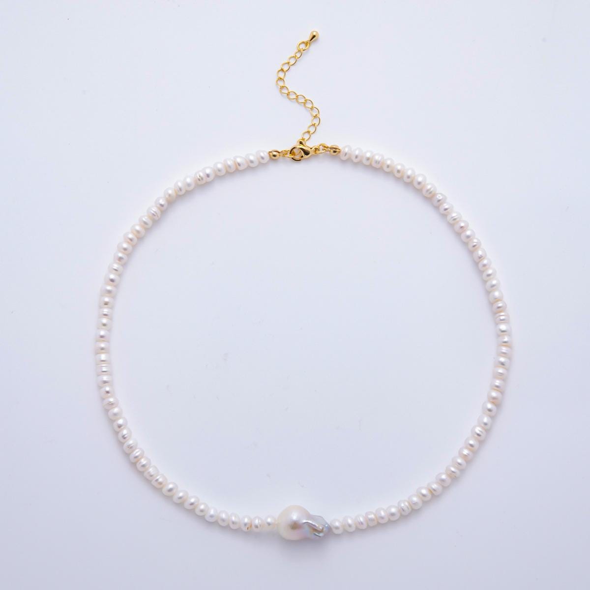18k Gold Filled Handmade 5mm Natural Freshwater Pearl Necklace With Baroque Pearl Center 15.6 inch + 2 inch extender WA-3473