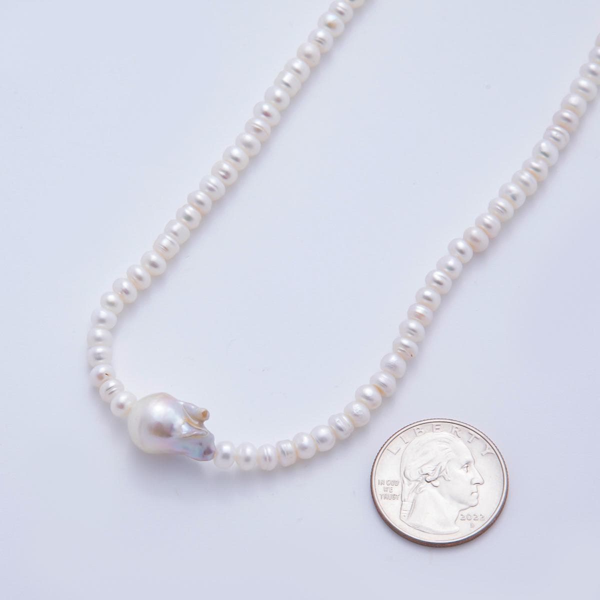 18k Gold Filled Handmade 5mm Natural Freshwater Pearl Necklace With Baroque Pearl Center 15.6 inch + 2 inch extender WA-3473