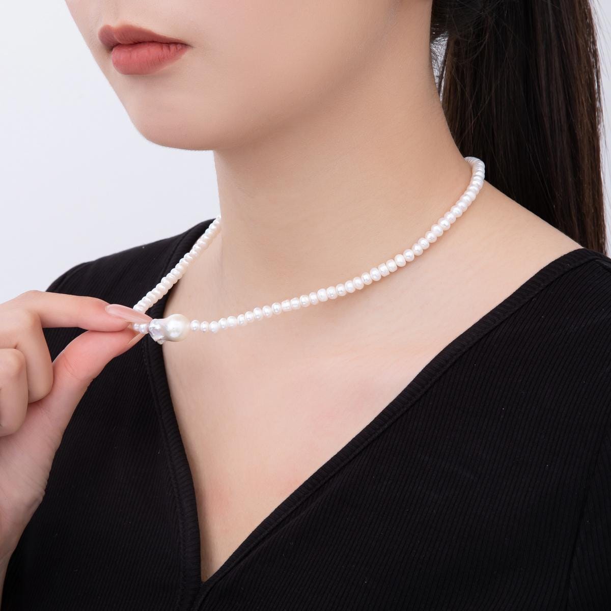 18k Gold Filled Handmade 5mm Natural Freshwater Pearl Necklace With Baroque Pearl Center 15.6 inch + 2 inch extender WA-3473